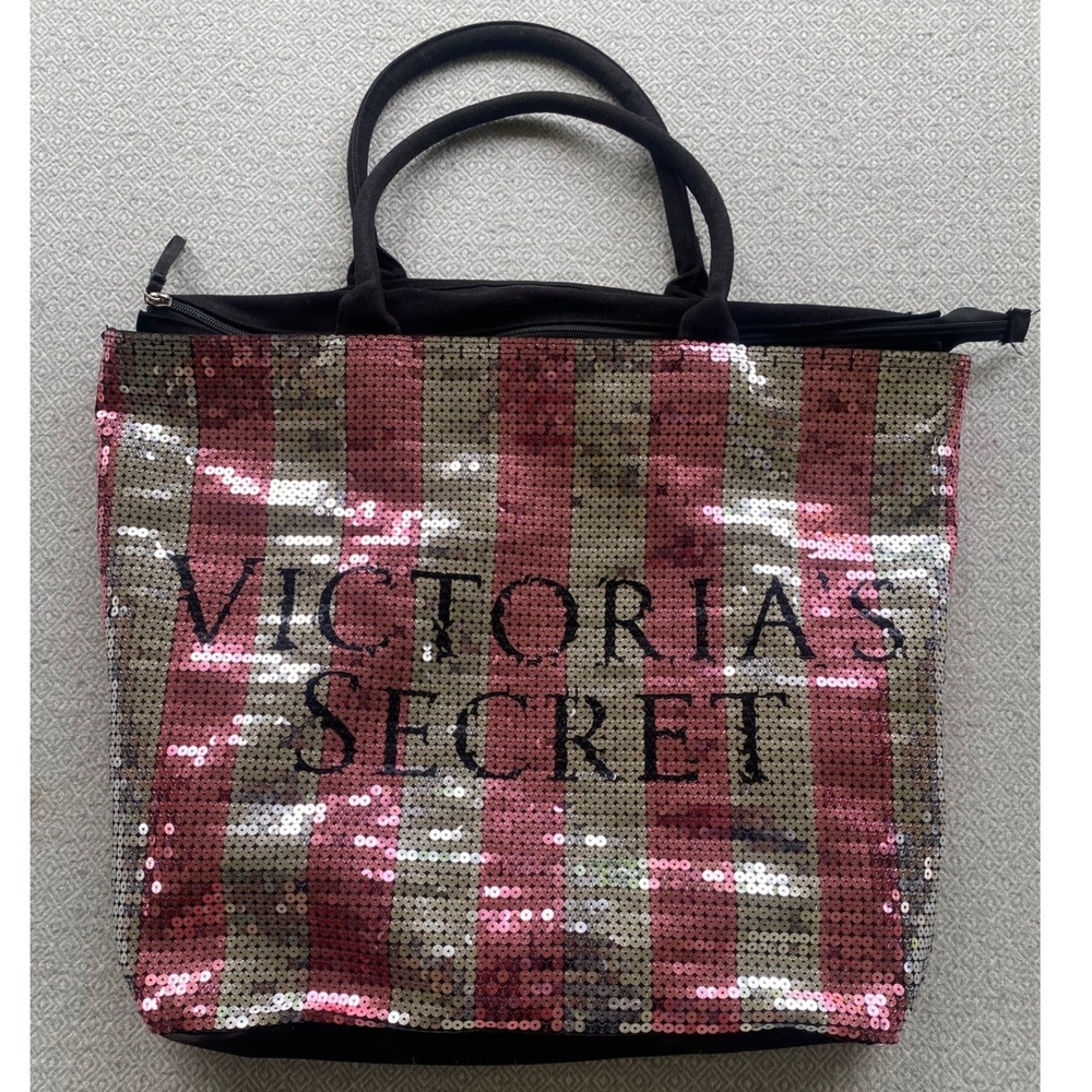 Victoria's Secret Tote Bag Womens Large Pink Sequin Striped Zipper Top Glam